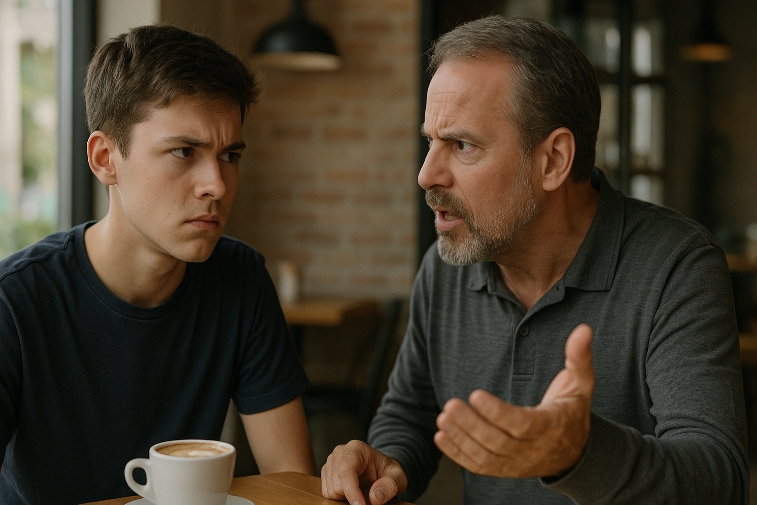 Father arguing with teenage son at café after a prank on vegan stepmom.