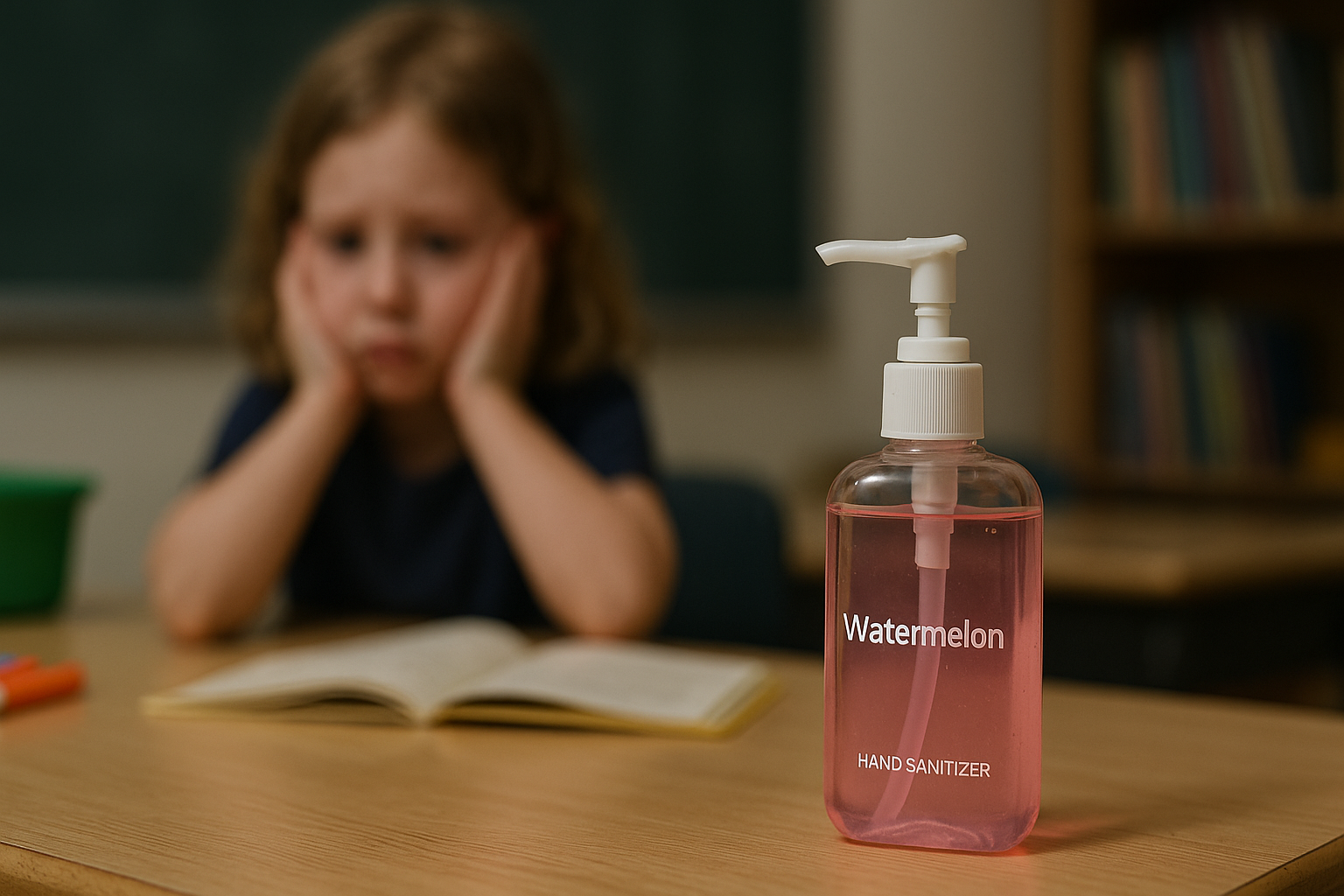 Pink hand sanitizer bottle on a classroom desk