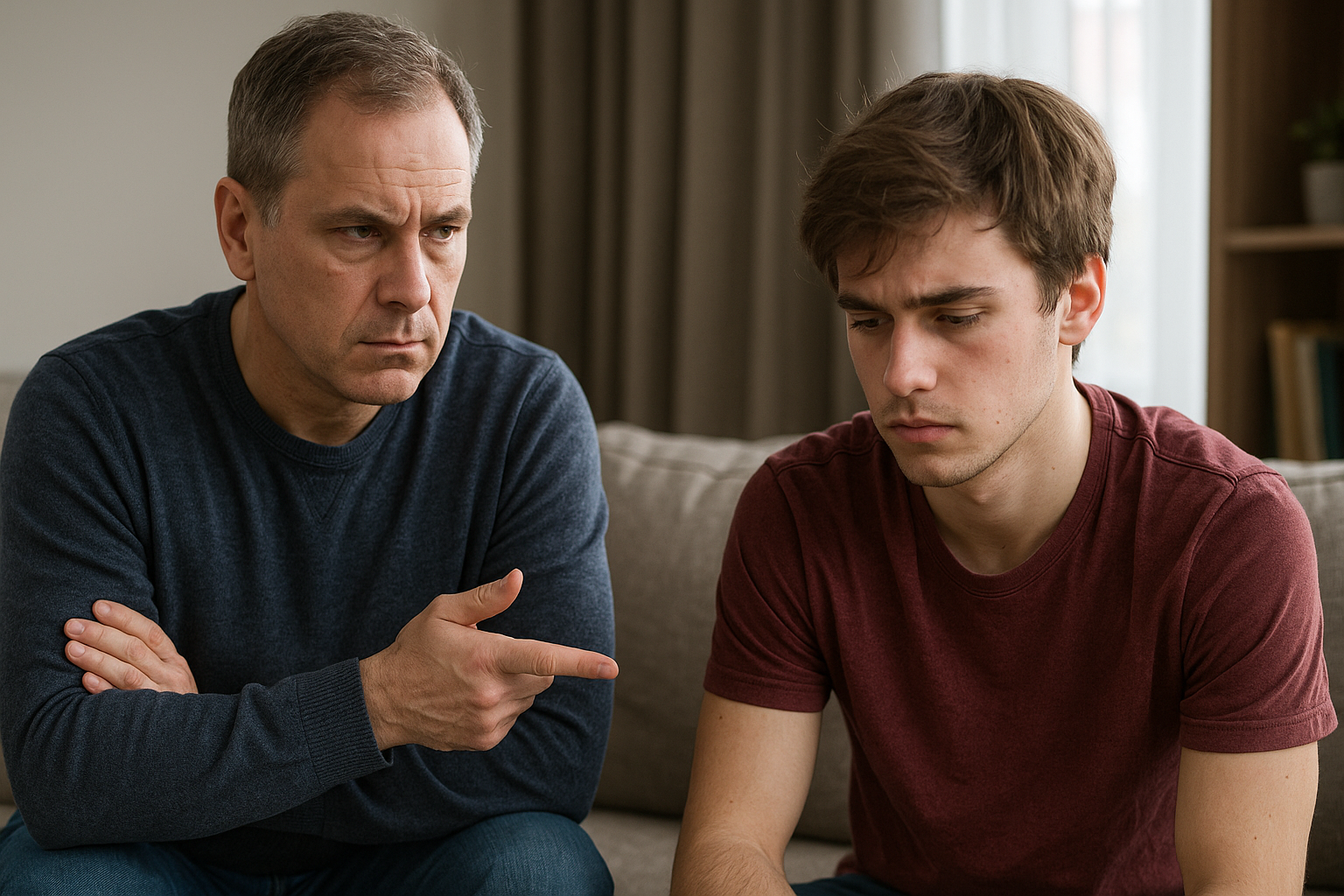 Father scolding teenage son at home over financial or driving mistake.