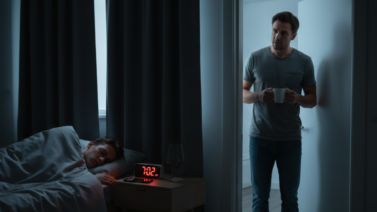 Sleeping young man ignoring a red digital alarm clock showing 7:02 AM in a dark room.