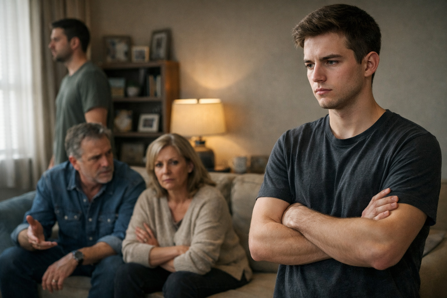 Familial tension in a cozy living room