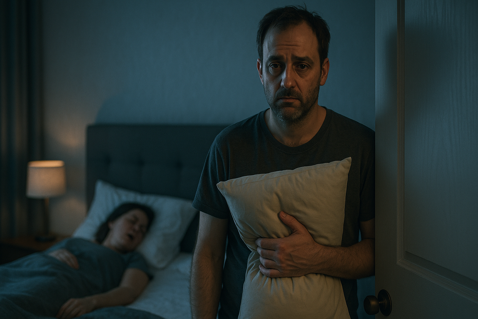 Man holding a pillow while woman sleeps and snores in bed.