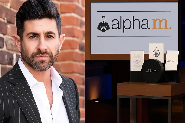 Aaron Marino of Alpha M standing beside his product display on Shark Tank, highlighting his journey to $1.08M net worth in 2025