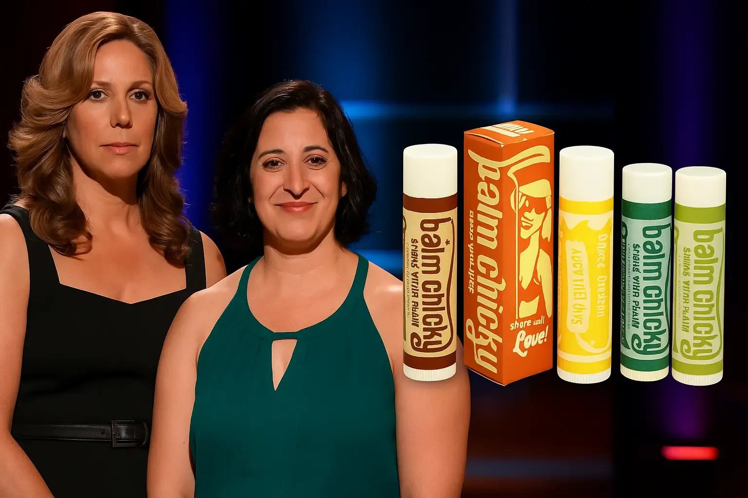 Balm Chicky Balm Balm founders with product lineup during Shark Tank pitch