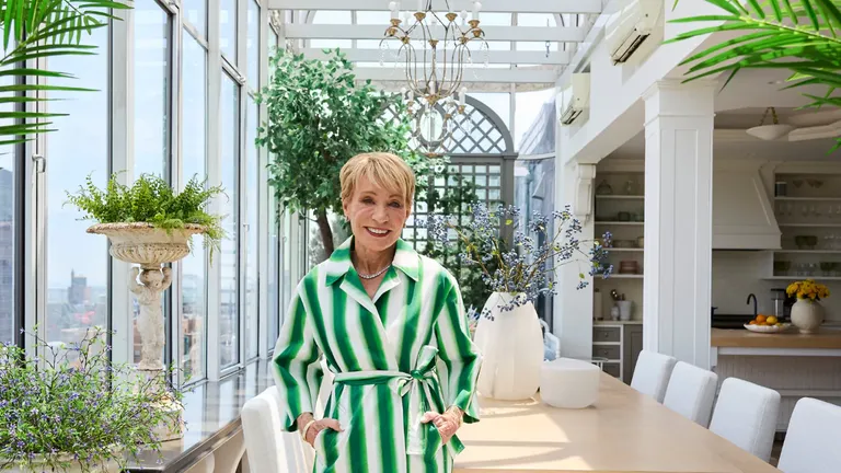 Barbara Corcoran standing in her Manhattan penthouse listed for $12 million, with Central Park views in the background.