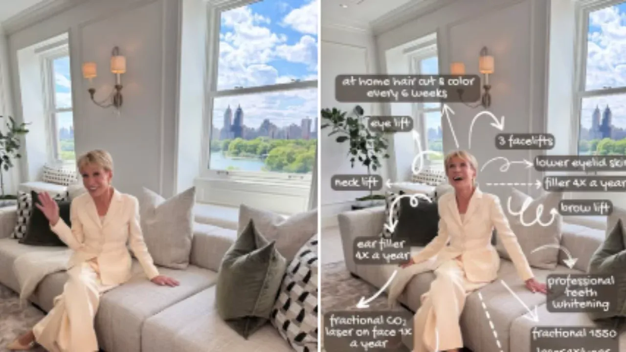 Barbara Corcoran sitting on her NYC couch, pointing to cosmetic procedures she's had including facelifts, brow lift, fillers, and laser treatments.