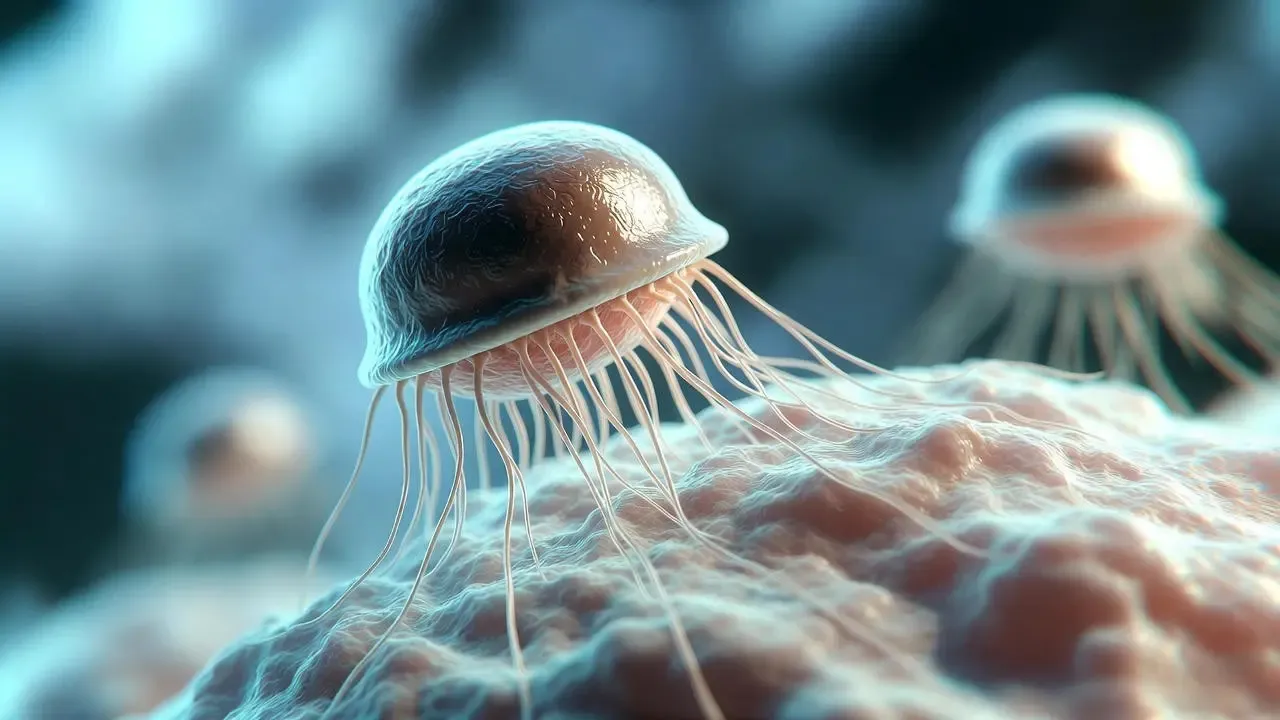 Hyper-realistic 3D visualization of a Bas63 bacteriophage attaching to a bacterial cell with detailed capsid and tail fibers.