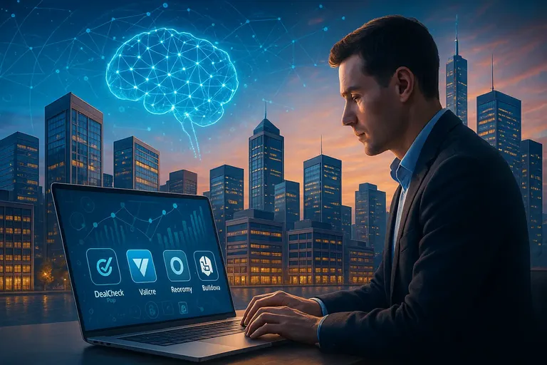 A real estate professional in a suit using a laptop to explore AI-powered commercial property apps, with a futuristic cityscape and digital data overlays in the background.