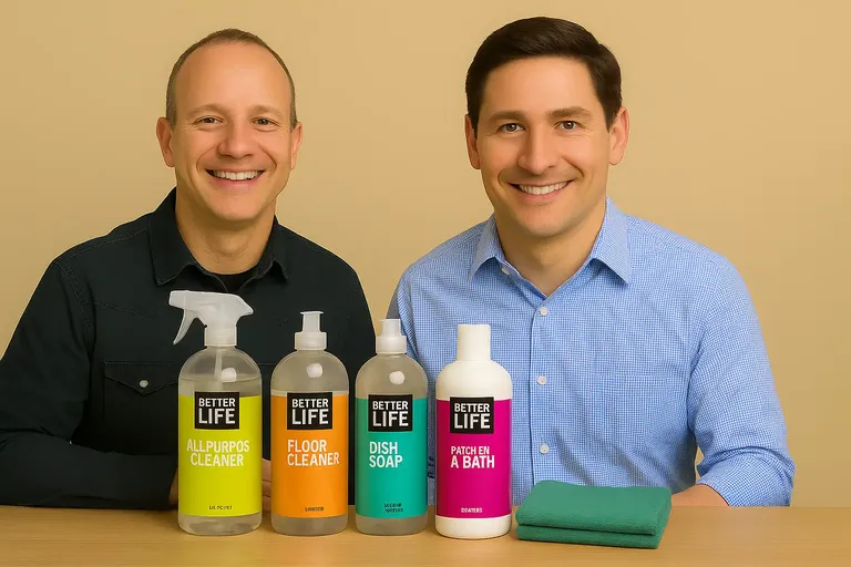 Better Life founders with eco-friendly cleaning products including all-purpose cleaner, floor cleaner, dish soap, and bath cleaner