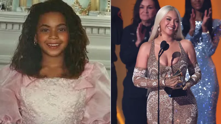 Beyoncé as a child next to her Grammy-winning moment as an adult