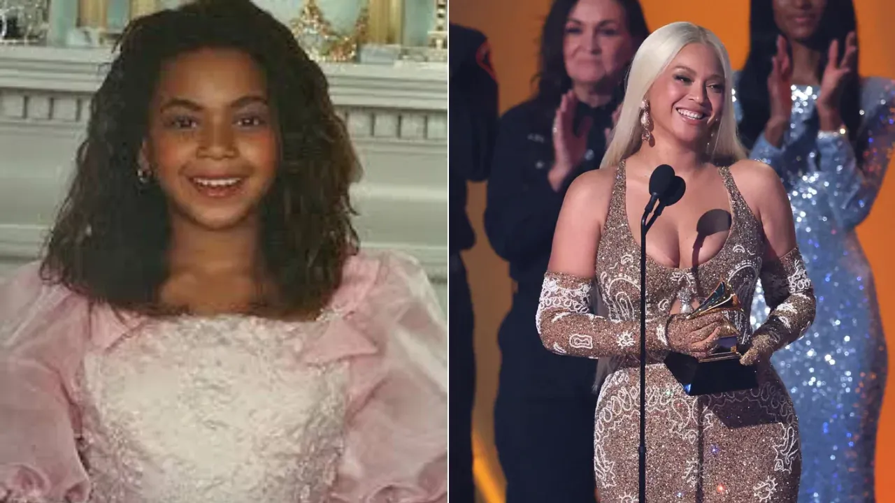 Beyoncé as a child next to her Grammy-winning moment as an adult