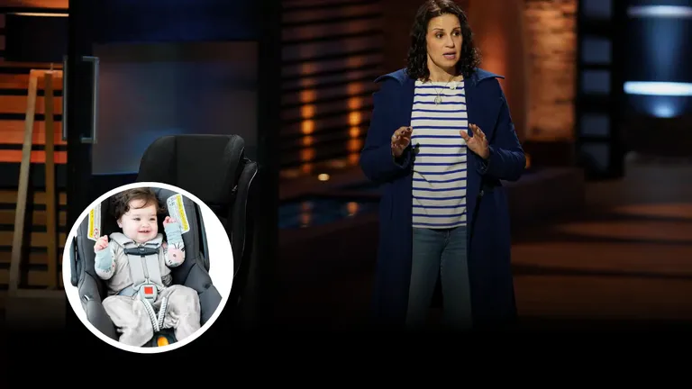 Dahlia Rizk shows a baby car seat demo during her Buckle Me Baby Coats pitch on Shark Tank