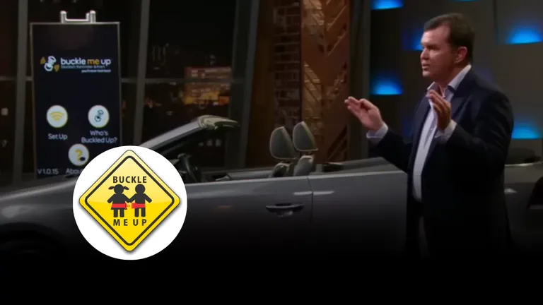 Buckle Me Up founder pitching the product on Shark Tank Australia in front of a car demo setup