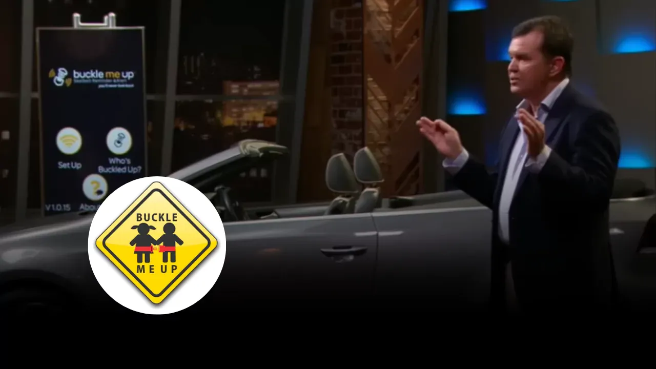Buckle Me Up founder pitching the product on Shark Tank Australia in front of a car demo setup