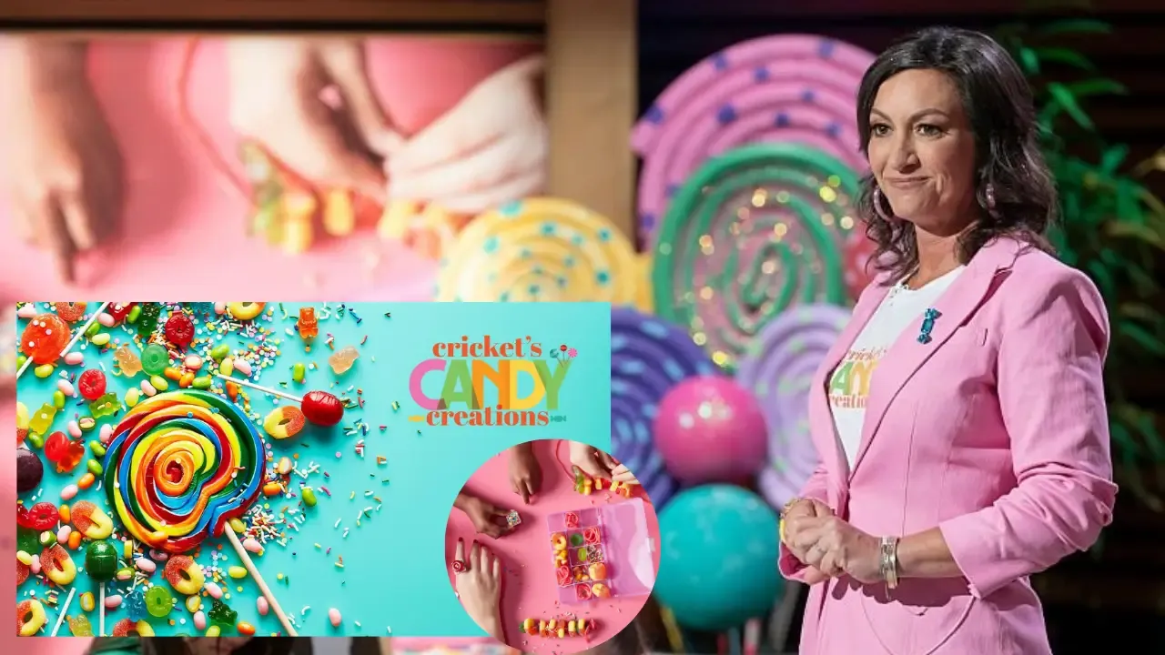 Cricket Azima presenting Cricket’s Candy Creations on Shark Tank with colorful candy visuals and handmade kits