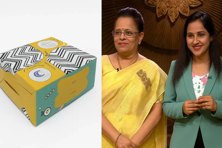 Carragreen founders Chetna and Surabhi Shah alongside their eco-friendly Carrabox packaging, featured on Shark Tank India.