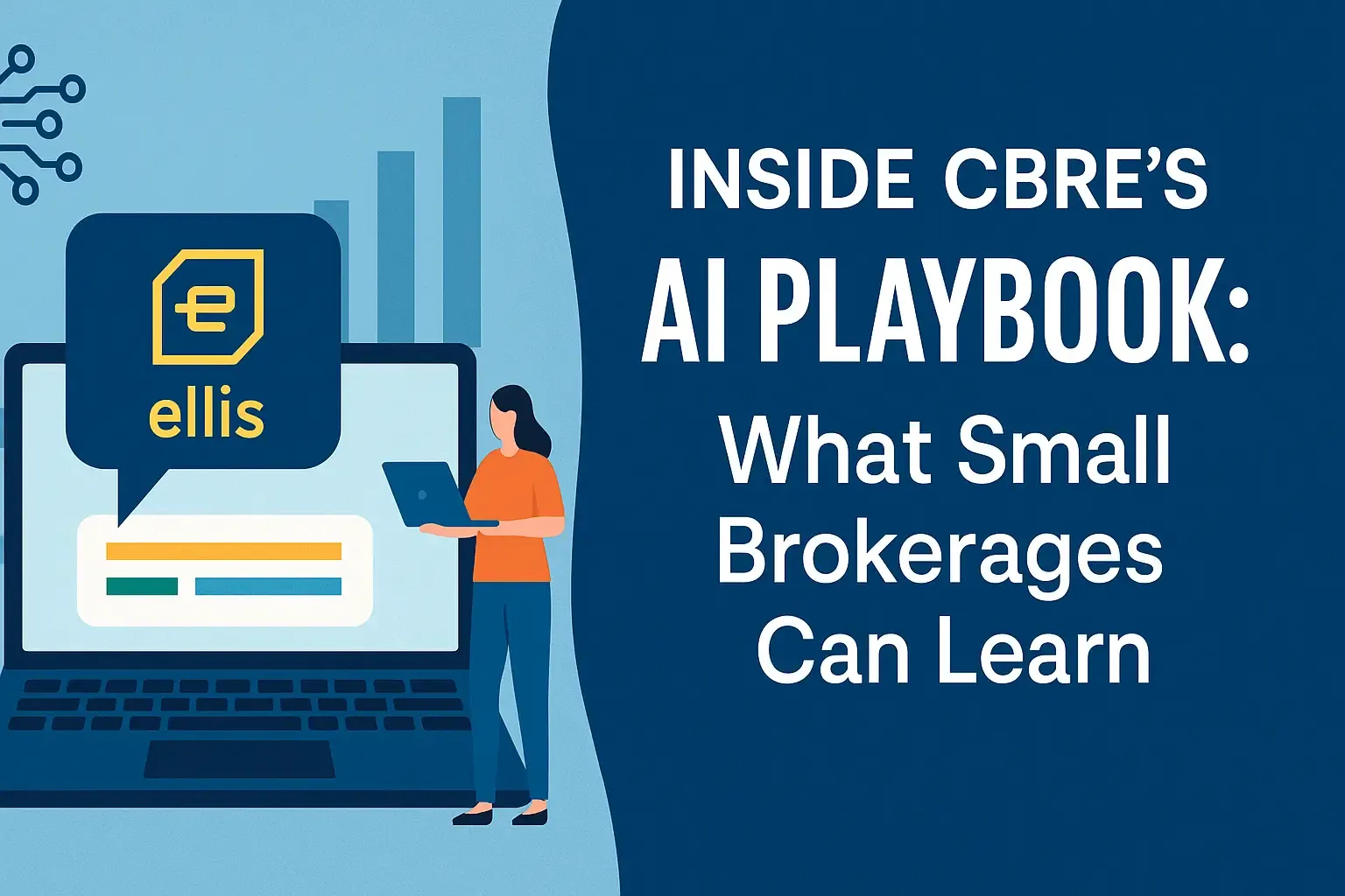 Illustration titled "The AI Divide in Real Estate: Inside CBRE's AI Playbook" showing a classical building icon with AI chat bubble.