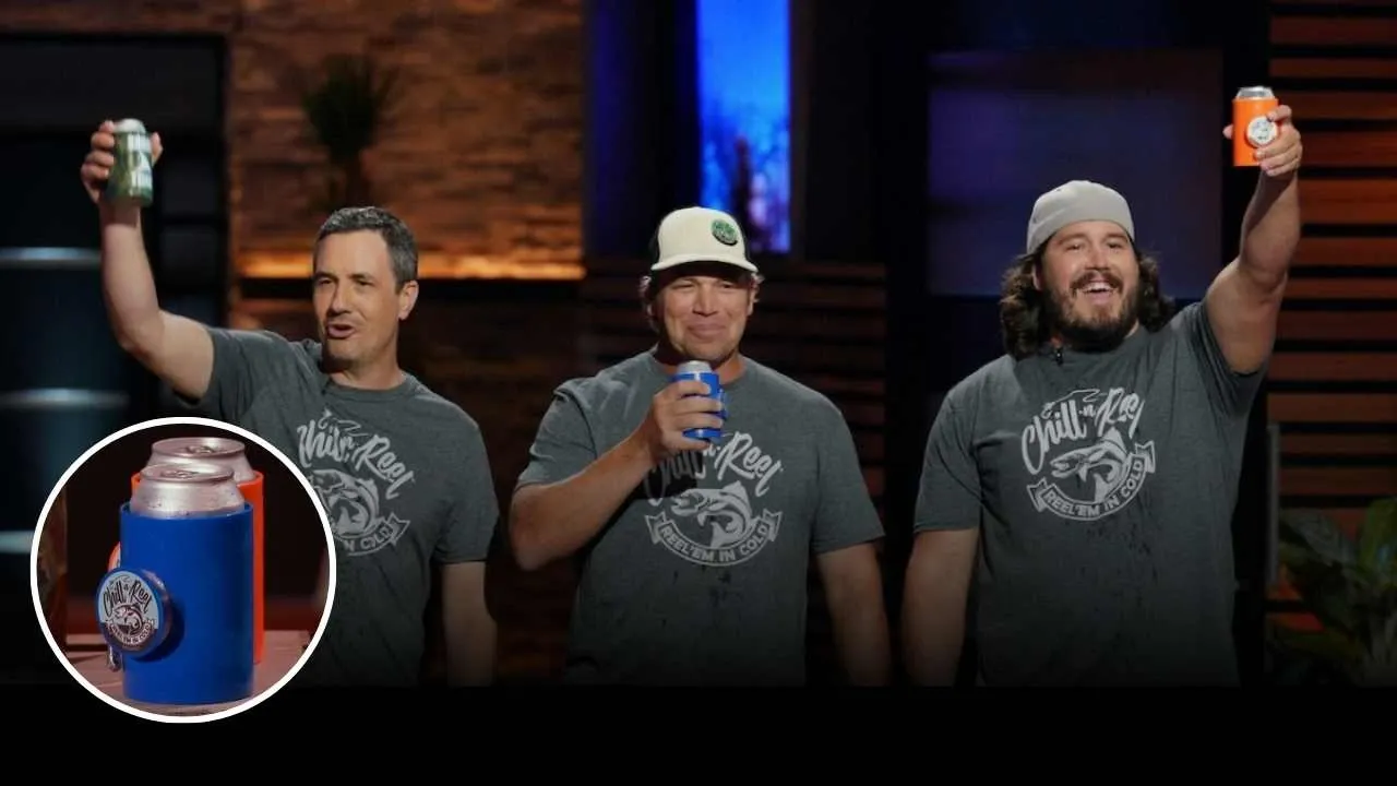 Chill-N-Reel founders pitch their fishing drink holder combo on Shark Tank while raising cans in celebration
