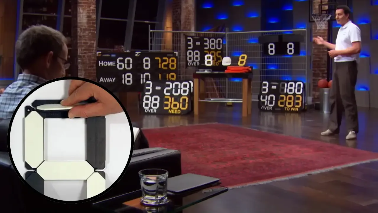 Clever Score founder presenting modular manual scoreboards on Shark Tank Australia to simplify sports scorekeeping.