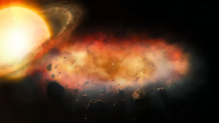 Artist’s illustration of a debris disk and gas cloud orbiting a companion object and blocking light from a Sun-like star, with internal gas motion revealed by astronomical observations.
