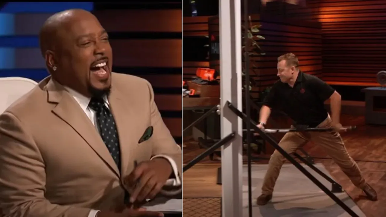Daymond John laughs as Haven Lock co-founder struggles during a live door lock demo on Shark Tank