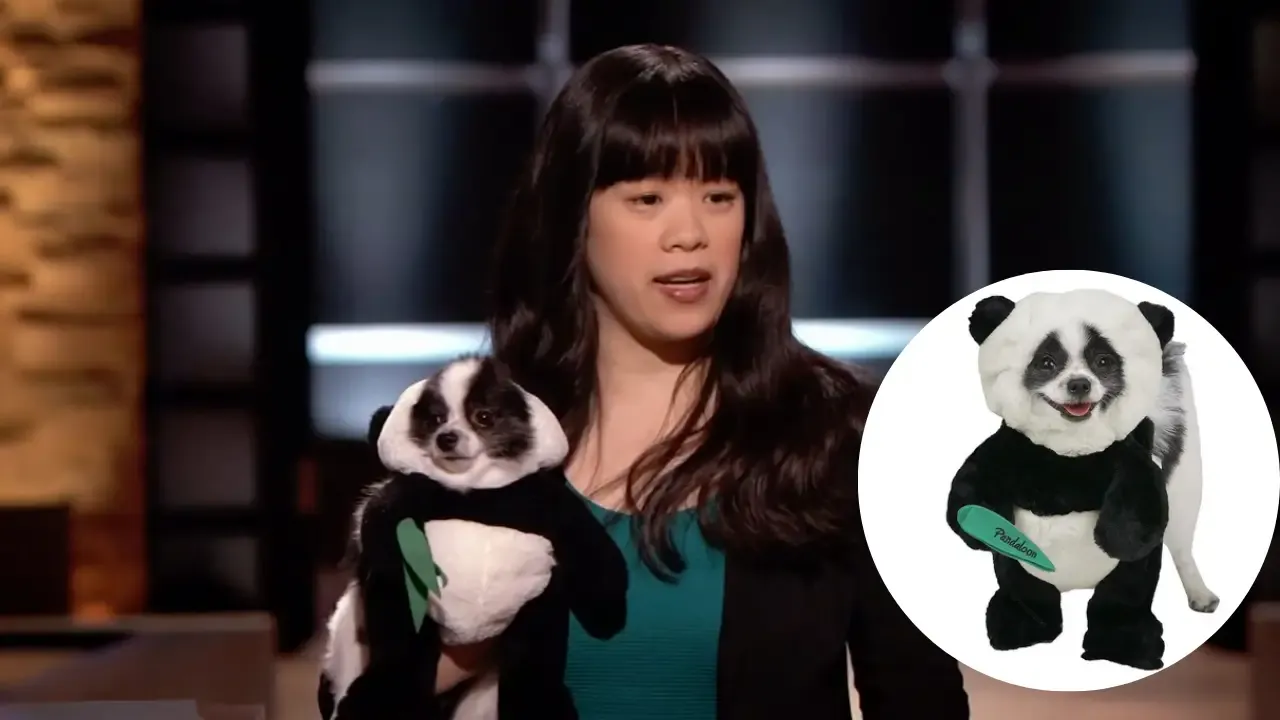 “Eugenia Chen presenting Pandaloon’s panda dog costume on Shark Tank, holding her Pomeranian in costume, with product images showing the brand’s expanded line.”