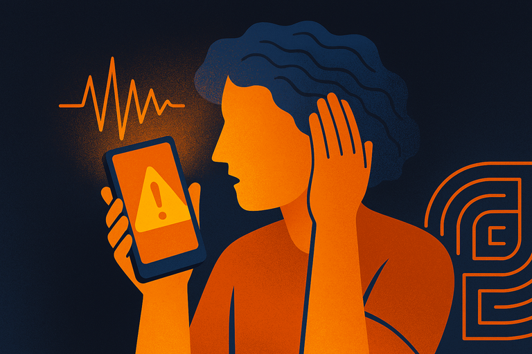 A stylized figure receives a real-time earthquake alert on their phone, symbolizing the critical seconds that modern AI systems can provide before shaking begins.