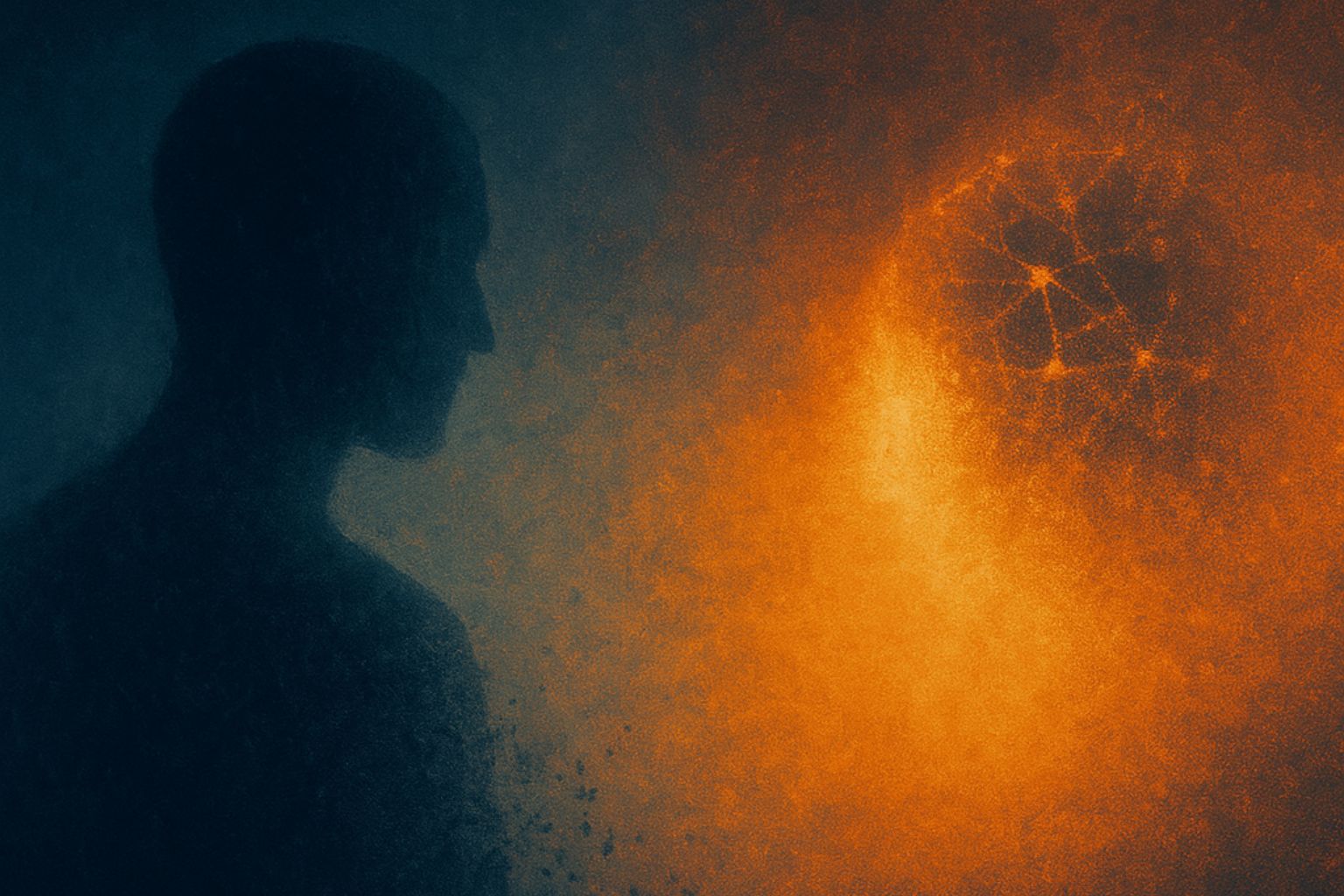 Abstract digital artwork showing a human silhouette dissolving into data while facing a glowing AI presence, symbolizing trust erosion in healthcare.