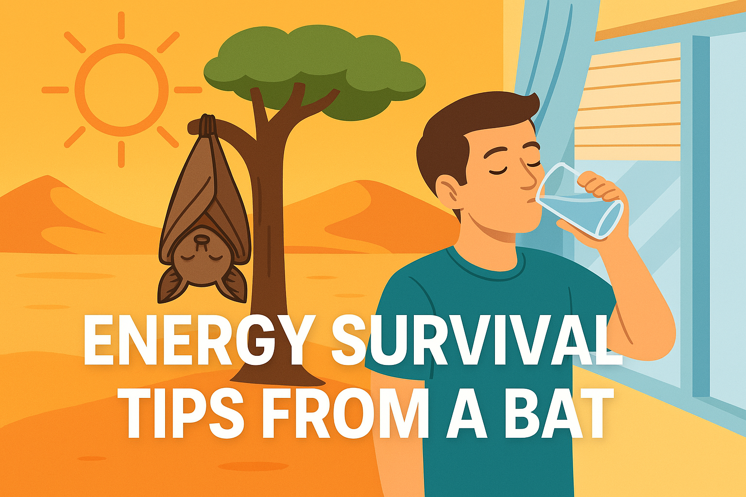 A colorful illustrated desert scene showing a bat hanging calmly from a tree on one side and a human drinking water near a shaded window on the other, symbolizing natural and human strategies for staying cool.