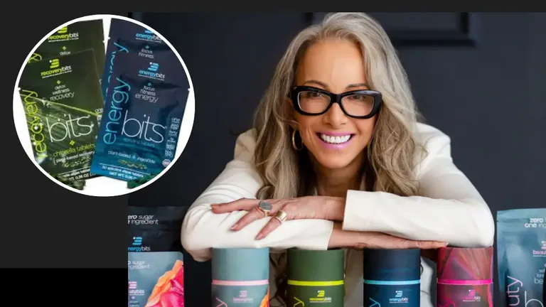 EnergyBits founder Catharine Arnston smiling with product packaging, highlighting RecoveryBits and EnergyBits algae tablets