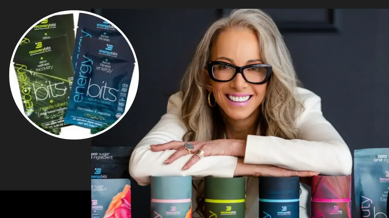 EnergyBits founder Catharine Arnston smiling with product packaging, highlighting RecoveryBits and EnergyBits algae tablets