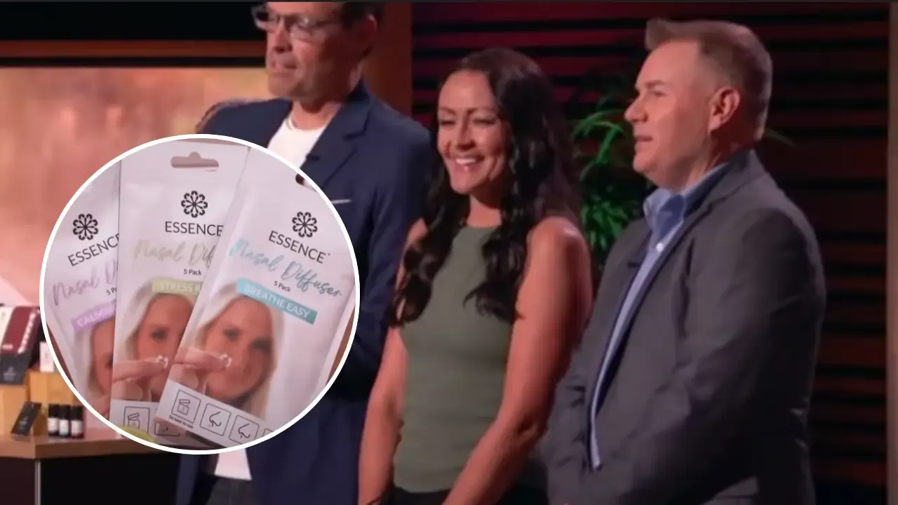 Essence founders on Shark Tank with nasal diffuser product packaging display