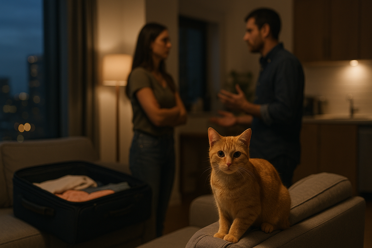 orange kitten on couch with arguing couple in background