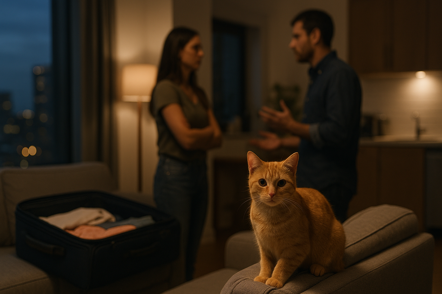 orange kitten on couch with arguing couple in background