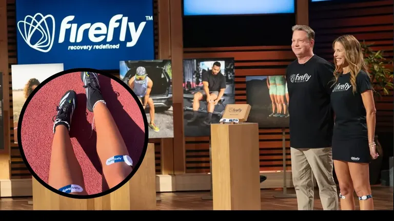 Founders of Firefly Recovery presenting their wearable recovery device on Shark Tank Season 16 with product in use