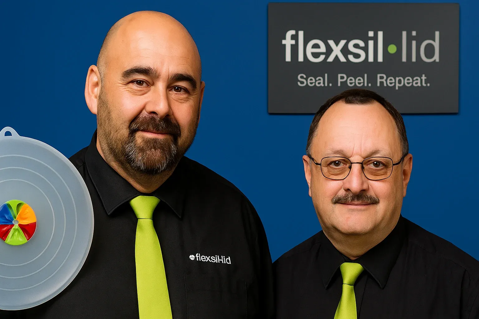 Flexsil-Lid founders with silicone lid product and company logo, Shark Tank success in 2025
