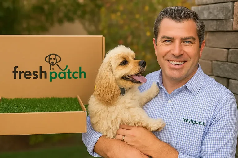 Fresh Patch founder Andrew Feld smiling and holding a fluffy dog next to Fresh Patch grass box