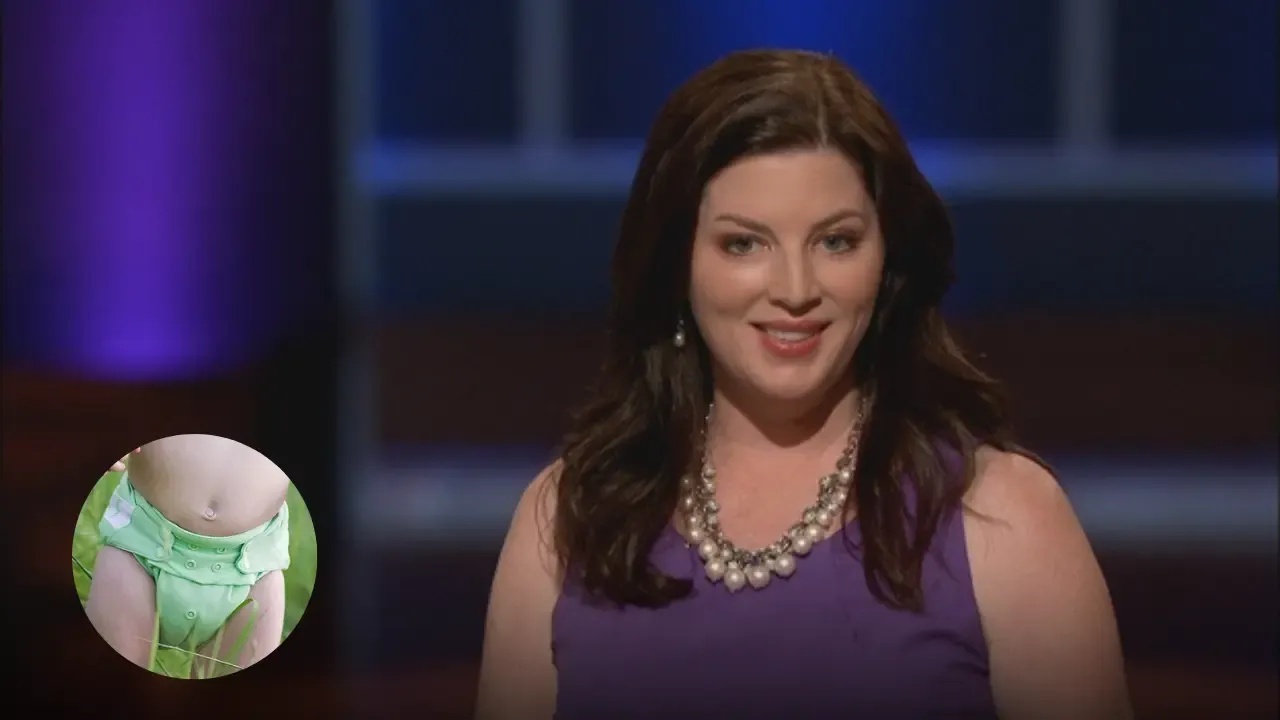 Tereson Dupuy pitching FuzziBunz cloth diapers on Shark Tank with a product insert shown