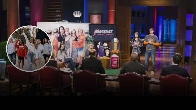 Gameday Couture founders pitch collegiate fashion apparel on Shark Tank with mannequins and marketing visuals