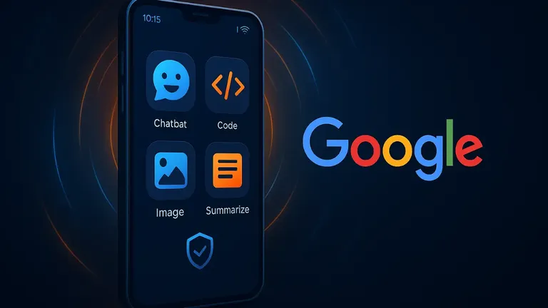 Smartphone screen showing Google's AI Edge app features like chat, code, image generation, and summarization, with Google logo on dark background.
