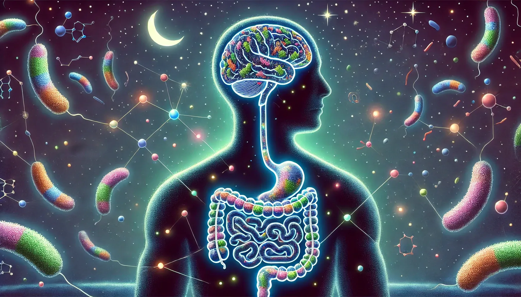 Digital illustration of the human brain connected to the gut with glowing microbial pathways showing how bacteria influence sleep.