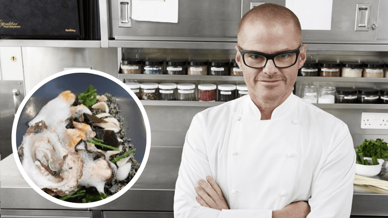 Chef Heston Blumenthal with his viral dish Sound of the Sea featuring seafood, edible sand, and an iPod playing ocean waves