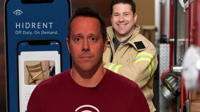 Hidrent founder with firefighter showcasing the app on Shark Tank, symbolizing the brand’s $8.5M net worth in 2025