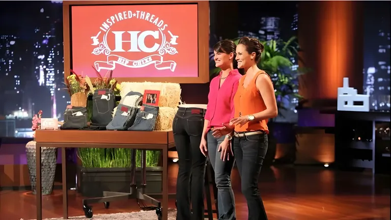 Hip Chixs founders Megan Jackson and Aimee Miller pitch their designer jeans brand on Shark Tank with a stylish denim display.