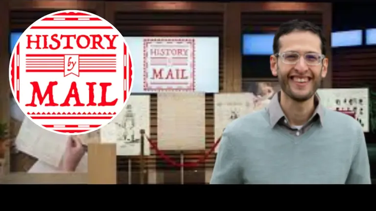 History by Mail founder on Shark Tank set with company logo in background