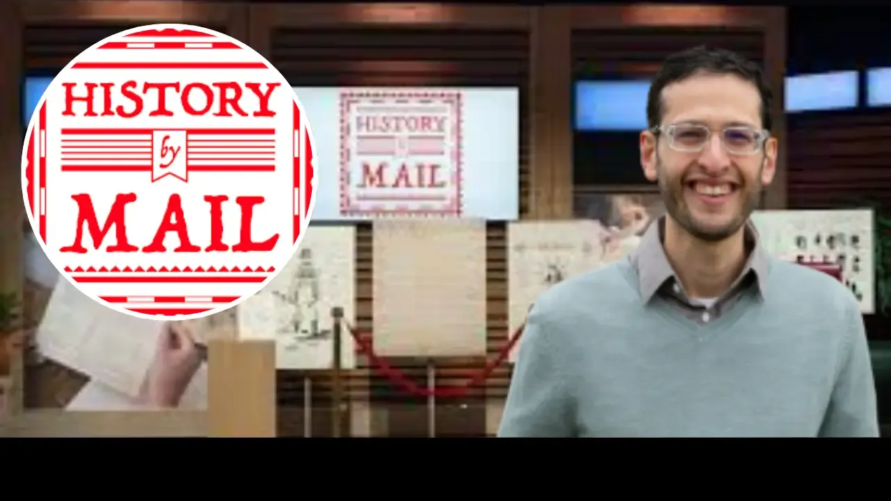 History by Mail founder on Shark Tank set with company logo in background