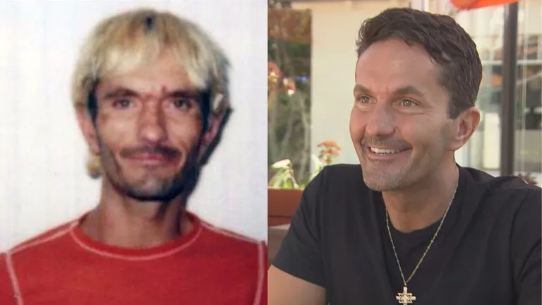 Before and after photo of an entrepreneur who went from homeless and heroin-addicted to building a $23 million smoothie business.