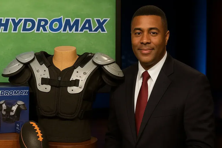 Hydromax founder standing beside hydration shoulder pads and product packaging from Shark Tank pitch