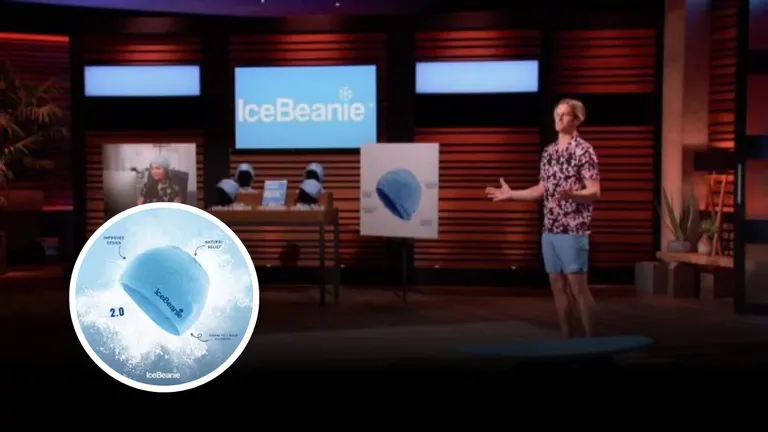 Nic Lamb presenting IceBeanie on Shark Tank Season 12 with product display and branding on stage