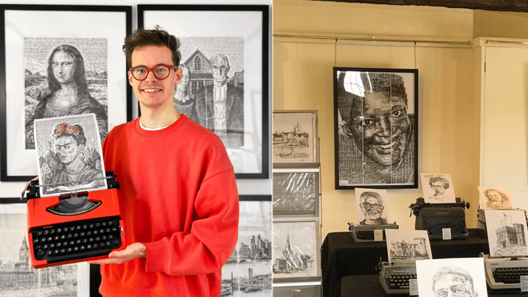 James Cook holding a red typewriter with a typed portrait of Frida Kahlo, surrounded by framed typewriter art including the Mona Lisa and other detailed portraits.